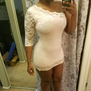 Blush pink lace one-shoulder mini dress